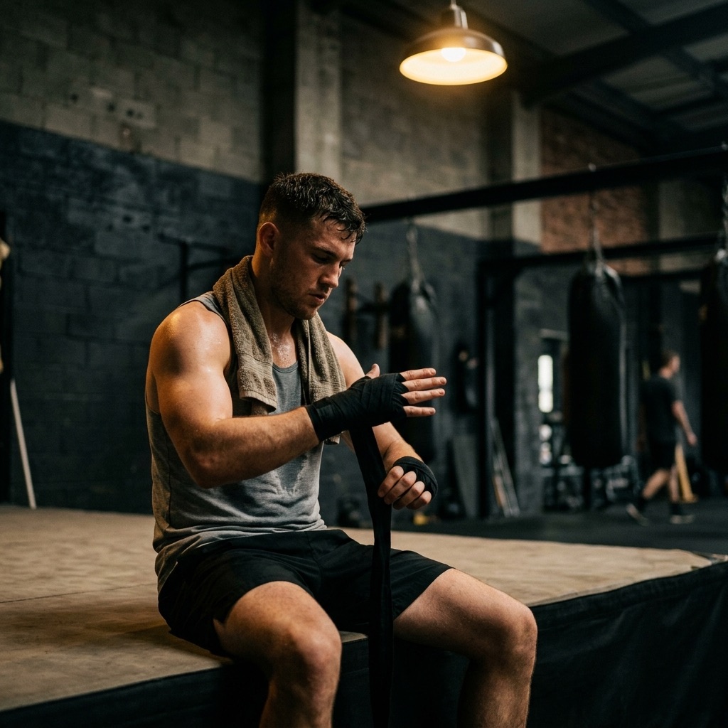 Boxer wrapping hands before class at IRON HALL boxing gym in Cerro Vista
