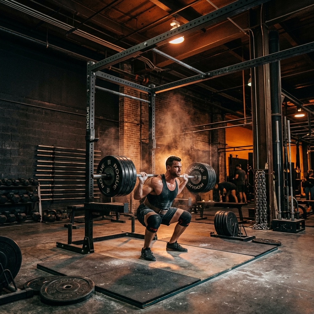 Athlete back-squatting under the steel rig in the Barbell Club at IRON HALL, a strength and martial arts gym in Cerro Vista