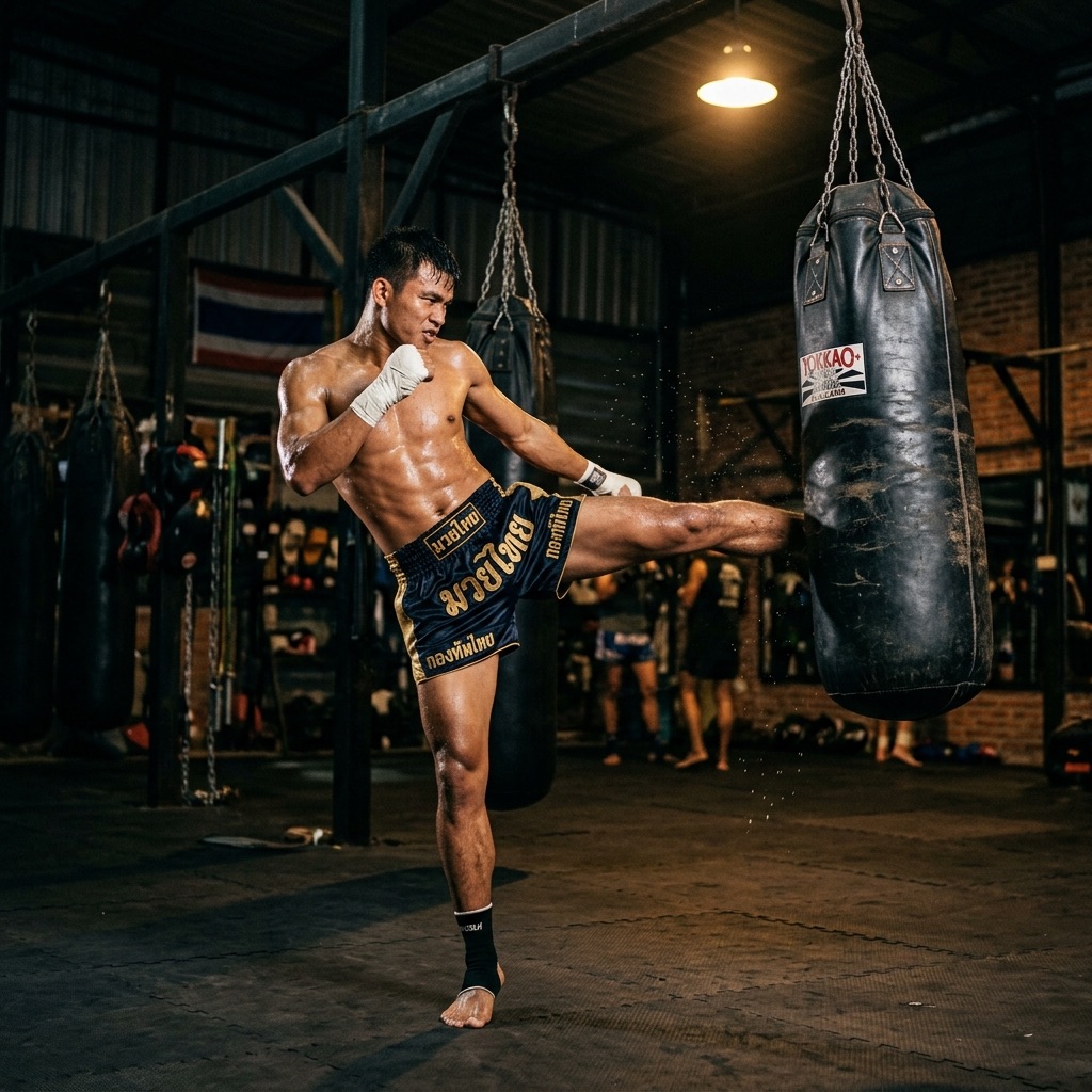 Muay thai roundhouse kick on the heavy bag at IRON HALL striking classes in Cerro Vista
