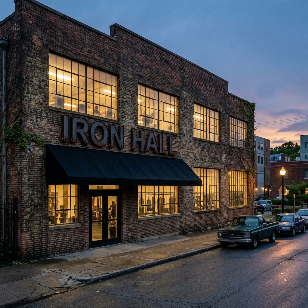 IRON HALL gym storefront at dusk on Foundry Row, Cerro Vista — converted brick tool-and-die building