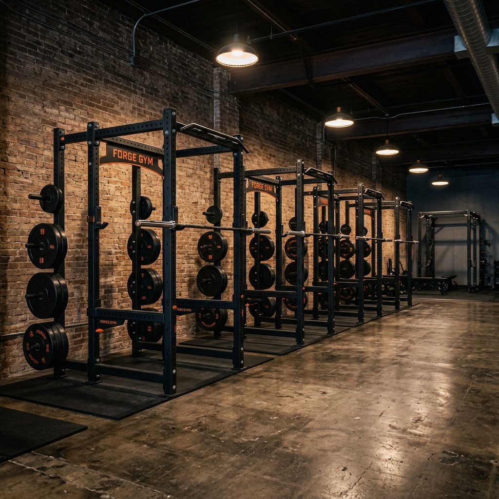 Squat racks and bumper plates on the open gym floor at IRON HALL Cerro Vista